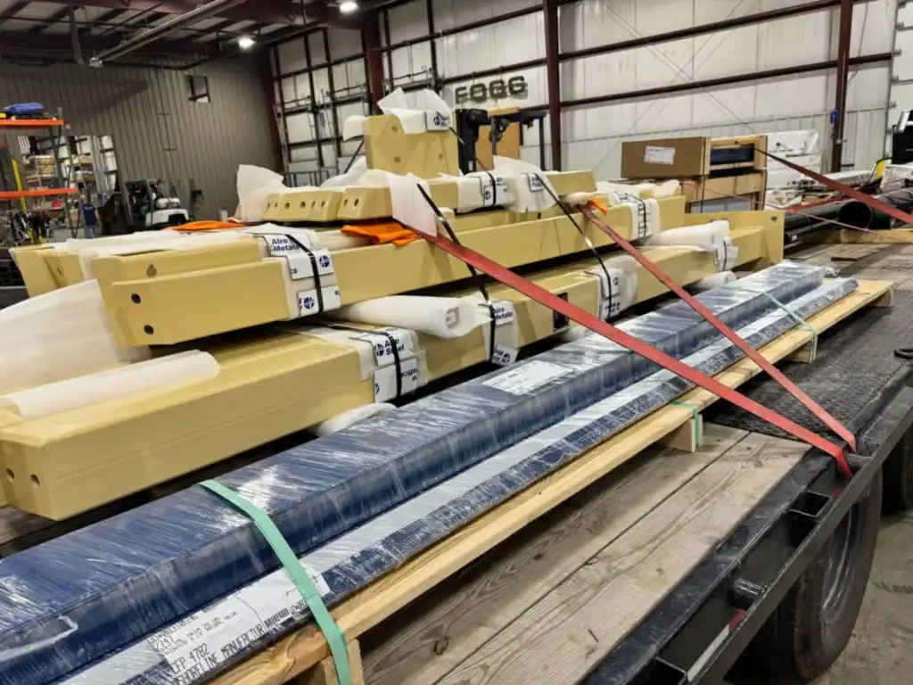 Grey Cap Transportation flatbed trailer loaded with wrapped metal beams and structural components, secured with red and green straps inside a well-lit warehouse.