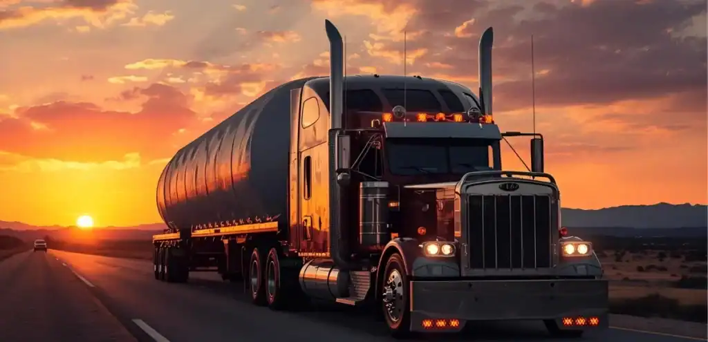 Black semi-truck with cylindrical trailer driving at sunset—Specialty transport by Grey Cap for high-value or time-sensitive freight.