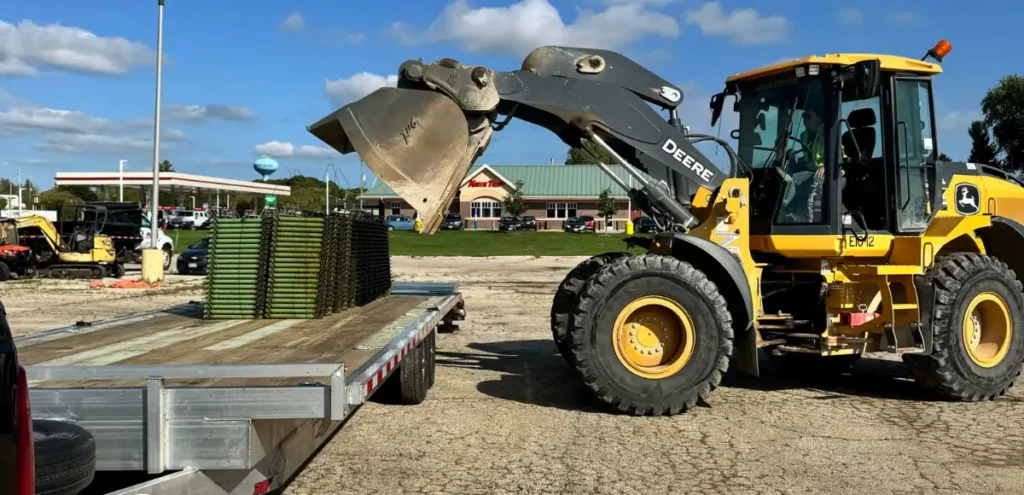 John Deere front loader placing green metal frames onto flatbed—material transport by Grey Cap at Indianapolis construction site.
